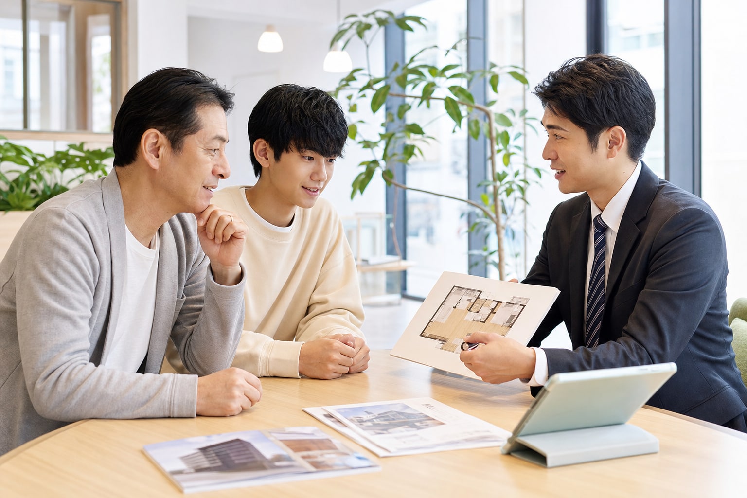 住まいについて不動産スタッフへ相談する保護者と進学予定の学生