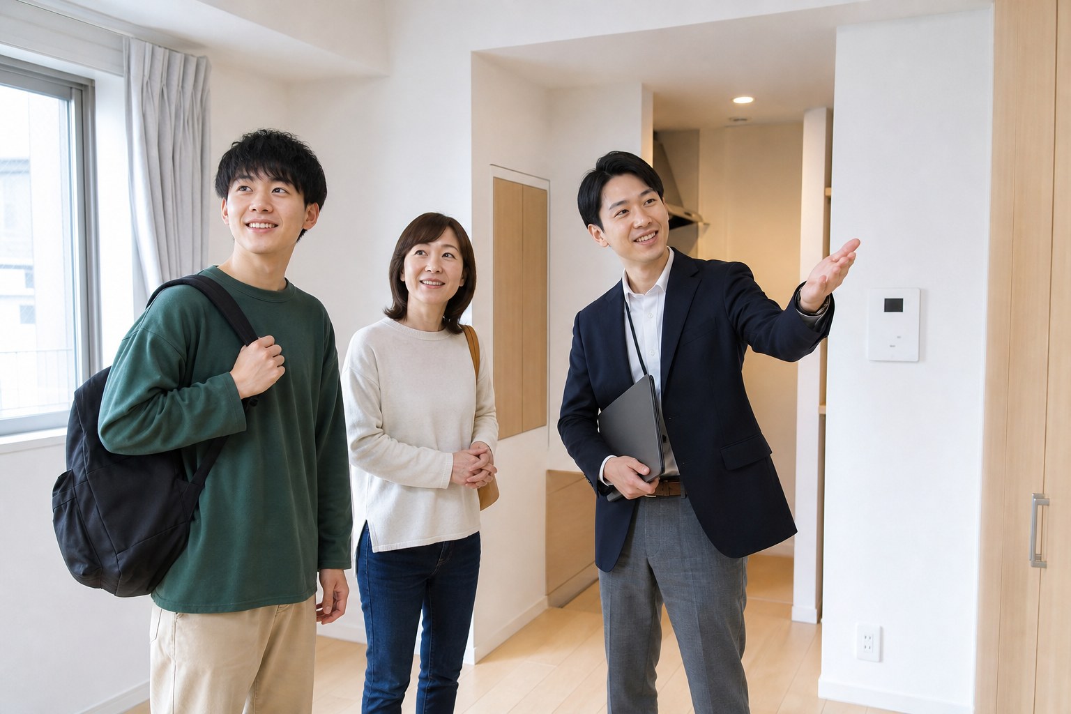 学生と保護者が賃貸住宅を内見する様子